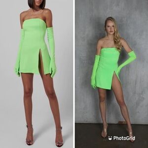 Miscreants Cupid Neon Green Slit‎ Dress & Gloves Sz 6